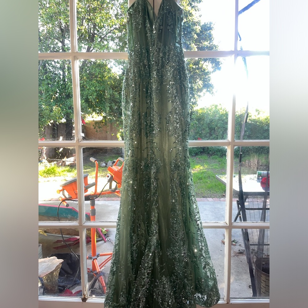 Elegant teal sequined corset prom dress